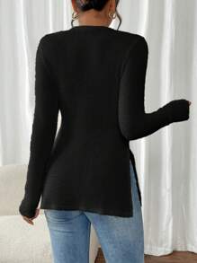 SHEIN Frenchy Áo thun nữ cổ tròn tay dài màu trơn xẻ tà thường ngày, mùa thu - màu đen - Xem 2