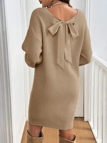SHEIN Frenchy Women's Solid Color Drop Shoulder Long Sleeve Bow Knitted Sweater Dress, Autumn/Winter - Khaki - View 4