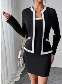 Chiquease Conjunto de vestido tubo sin mangas con patchwork y chaqueta de manga larga, estilo casual para mujer - Negro - Ver 4