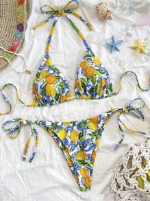 Soleia Women's Lemon Fruit Print Tie-Up Bikini Two Pieces Set, Swim Suits For Women, Vacation Outfit Women, Summer Outfits For Women, Beach Outfits For Women, Cute, Kawaii