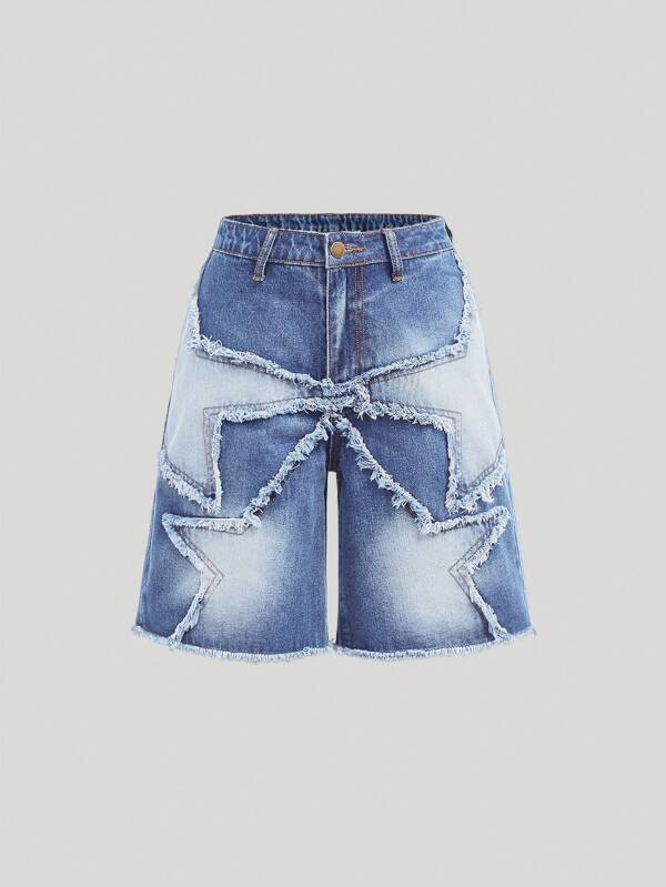 SHEIN Girlism Teen Girls Y2K Color Block Star Patched Faded Frayed Boyfriend Baggy Denim Jeans Shorts With Slant Pocket,Girls Summer Clothes Outfits