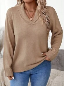 SHEIN Plus Size Casual Solid Color Shawl Collar Sweater, Autumn And Spring, For Winter