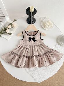 SHEIN Robe de princesse sans manches pour bébé fille avec impression de pois et décoration de nœud - Kaki - Voir 1