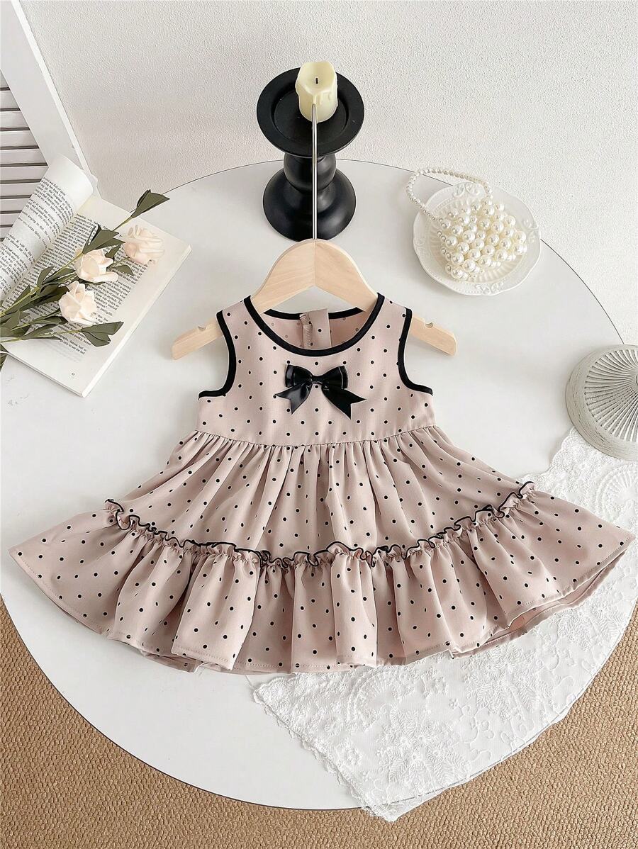 SHEIN Robe de princesse sans manches pour bébé fille avec impression de pois et décoration de nœud - Kaki - Voir 1