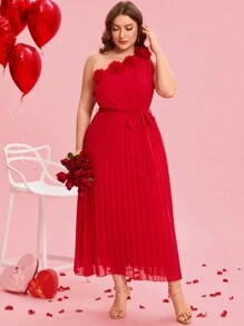 SHEIN Clasi Plus Size Elegant Solid Color One Shoulder Floral Decor Pleated Hem Dress, Suitable For Valentine's Day