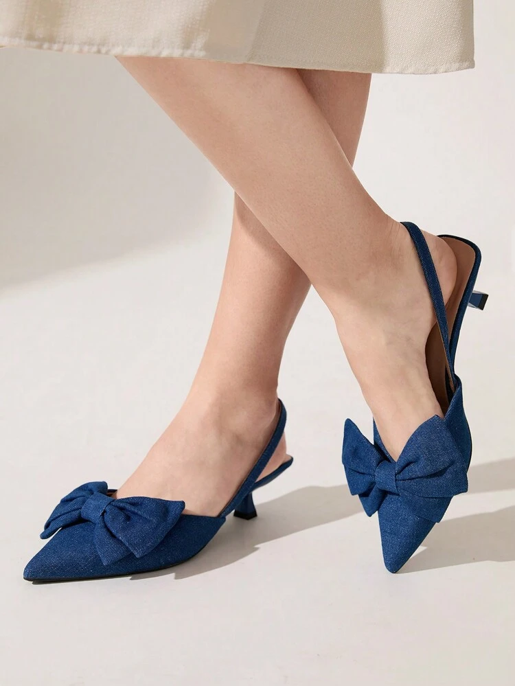 CUCCOO CHICEST Women's Elegant Pointed Toe Bowknot Kitten Heels Dress Shoes, Blue Fabric, Stylish For Dating, Afternoon Tea, Birthday Party For Christmas Elegant Shoes Wedding Shoes Summer Shoes Bride Shoes