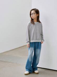 Tween Girls Casual Street Style Sporty Cool Round Neck Long Sleeve Striped Sweatshirt + Loose Fit Denim Long Pants Set - Grey - View 3