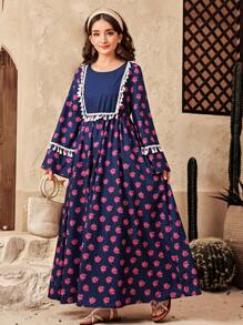 SHEIN Teen Girls Navy Blue Rose Woven Print Patchwork, Flared Sleeves, Tassel Belt Casual Dress, Ramadan, National Day, Eid Al-Fitr, Eid Al-Adha - Royal Blue - View 4