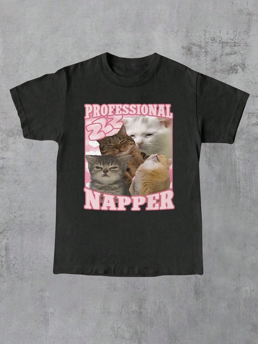 INAWLY Funny Cat Women Crew Neck T-Shirt - Black - View 1