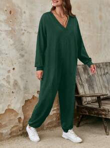 Women Casual Ribbed V-Neck Drop Shoulder Pocket Long Sleeve Plus Size Jumpsuit, Spring Autumn Loose