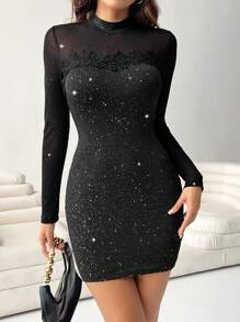 SHEIN Clasi Women's Elegant Sexy Shimmery Mesh Patchwork Fitted Mini/Mid-Length Dress Fall Cloth For Women - Black - View 4