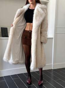 Muchica Women Lapel Neck Open Front Fluffy Coats In Fall/Winter - White - View 4