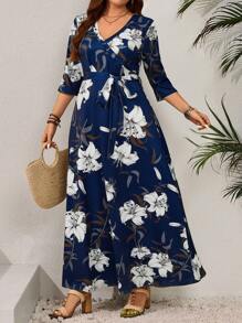 EMERY ROSE Vestido casual de manga larga con escote en V y estampado floral para tallas grandes - Azul Marino - Ver 6