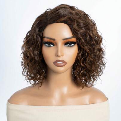 Short Curly Bob Lace Wigs Human Hair Mixed Brown Side Part Water Wave Bob Lace Front Wig 10 Inch Glueless Wear & Go Bob Wig