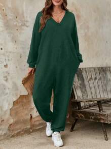 Women Casual Ribbed V-Neck Drop Shoulder Pocket Long Sleeve Plus Size Jumpsuit, Spring Autumn Loose