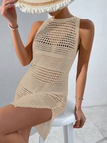 Breezaya Women's Vacation Solid Color Round Neck Side Slit Hollow-Out Hem Cover-Up Dress, For Summer Beach