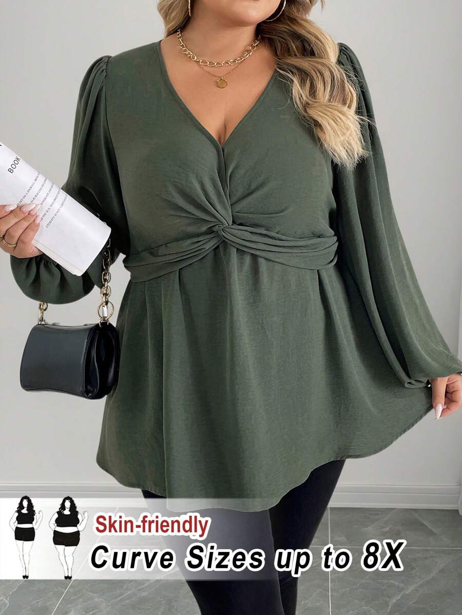 SHEIN CURVE+ Curve Plus 法式设计休闲扭纹下摆 A 字长袖衬衫，绿色上衣