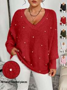 Celure Plus Size Women Loose Batwing Sleeve Beaded Knitted Sweater, Casual Pullover For Autumn & Winter