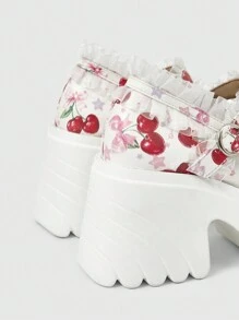 ROMWE Kawaii 女士白色玛丽珍鞋，蕾丝边娃娃鞋，绑带和蝴蝶结装饰，甜美高跟鞋，厚底正装鞋 - 白色 - 查看 8