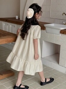 Dazy Kids Tween Girl Colorblock Doll Face Bow Decor Woven Short Sleeve Dress, Summer,Back To School Clothes