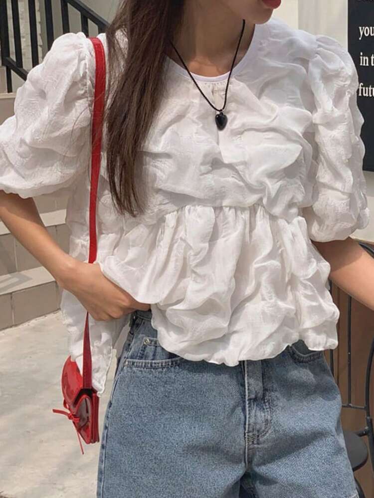 Women's Round Neck Puff Sleeve Pullover Short Sleeve Blouse, White, Spring/Summer Cute Tops
