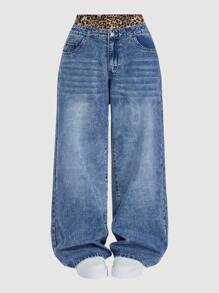 SHEIN MOD Jeans de pierna ancha con parches de estampado de leopardo azul, jeans azules, jeans holgados de leopardo, Y2K, jeans de mujer, jeans de talle alto, jeans de mujer para conciertos - Azul lavado oscuro - Ver 1