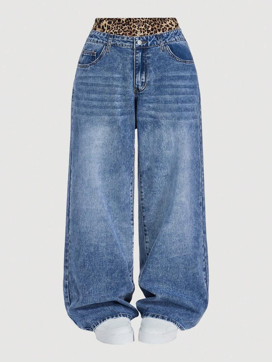 SHEIN MOD Jeans de pierna ancha con parches de estampado de leopardo azul, jeans azules, jeans holgados de leopardo, Y2K, jeans de mujer, jeans de talle alto, jeans de mujer para conciertos - Azul lavado oscuro - Ver 1