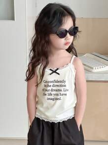 Dazy Kids Young Girl Casual Slogan Print Bowknot & Lace Trim Strap,Girls Summer Outfits - White - View 7