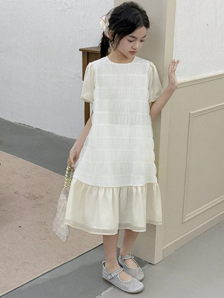 Tween Girl Round Neck Short Sleeve Patchwork Dress, Summer