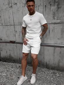 Manfinity CasualCool 男士两件套 T 恤套装 Manfinity 休闲酷炫，男士提花小格纹加厚纹理面料套装，舒适休闲夏季男士两件套 男士两件套 男士两件套 男士服装 男士 T 恤套装 男士两件套 - 白色 - 查看 7