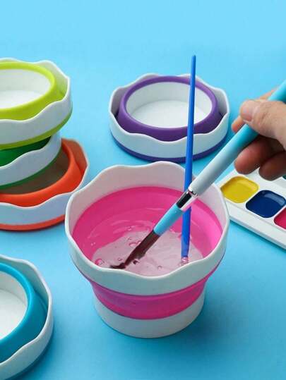 1pc Foldable Silicone Art Brush Holder Wash Bucket For Cleaning & Rinsing Paint Brushes, Compact & Portable