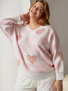 SHEIN EZwear 大码粉色心形图案V领舒适宽松针织套头衫，适合情人节穿着 - 粉色 - 查看 4