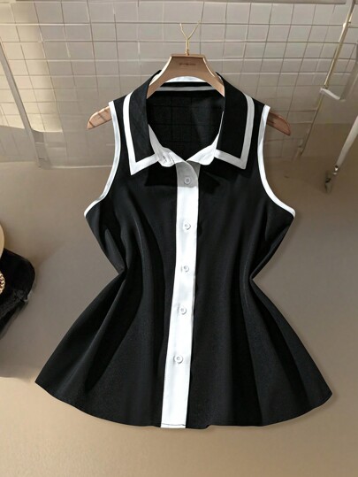 Chiquease Women's Casual Office Commuter Contrast Trim Sleeveless Shirt