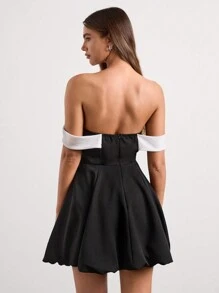Glamine Vestido con lazo en la cintura, escote asimétrico y contraste de color, top tubo negro de primera calidad, falda tutú - Negro - Ver 2