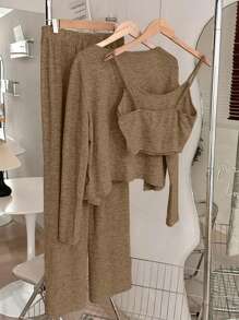 Franclia Conjunto de 3 piezas: Camiseta sin mangas versátil y casual, Cárdigan de manga larga y Pantalones rectos de cintura elástica, para mujer en color albaricoque, para otoño/invierno