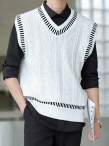 Claim Dot 男士休闲宽松条纹 V 领毛衣背心秋冬款 - 黑與白 - 查看 5