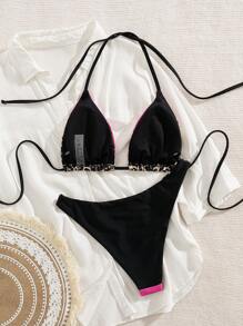 SHEIN 夏季 2 件套女士性感优雅豹纹渐变闪光印花吊带比基尼套装，适合海滩度假出游