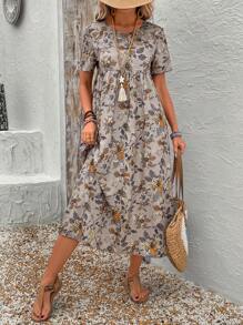 EMERY ROSE 女士花卉印花休闲圆领短袖连衣裙，适合假期穿着 - 彩色 - 查看 6