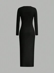 SHEIN EZwear 大码女装冬季连衣裙、女士长袖连衣裙、派对礼服、圆领修身休闲连衣裙、黑色修身长裙、黑色中长裙、曲线黑裙、长袖黑裙 - 彩色 - 查看 2