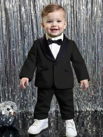 SHEIN 2st/set Baby Boy Julfest Höst/Vinter Söt Kontrastfärg Blazer Jacka & Elastiska midjebyxor Set, Lämplig för födelsedagsfest, Julfest, Ceremoni, Performance, Bröllop, 1 månadsfirande, dop och 1 års jubileum, Baby Shower