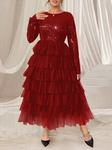 SHEIN Unity 大码女式亮片装饰红色长袖 A 字连衣裙，情人节 - 酒紅色 - 查看 1