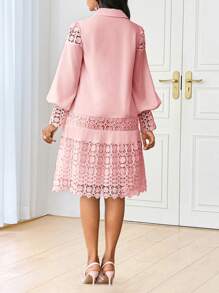 SHEIN Lady Spring And Summer Casual Elegant Work  Contrast Lace Shirt Dress Tunic Dress Midi Women Dresses - Dusty Pink - View 2