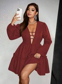 Viva Relle Plus Size Elegant Sexy Solid Deep V-Neck Criss-Cross Backless Dress