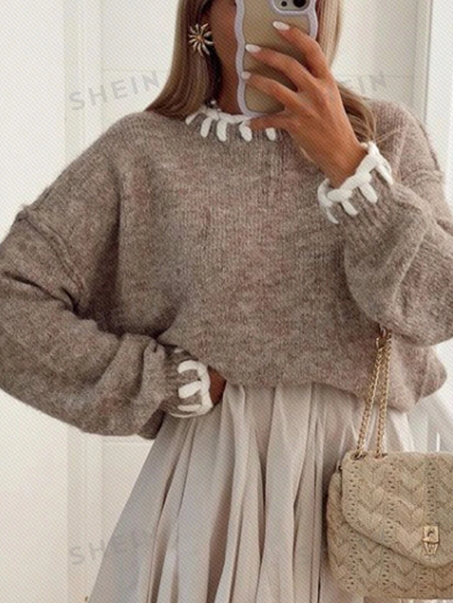 SHEIN Essnce 1 pieza Suéter tejido casual de cuello redondo, hombros caídos y manga larga para mujer talla grande, de otoño/invierno