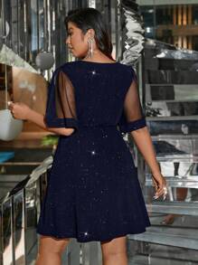 SHEIN Clasi 大码女式闪亮 V 领网眼短袖奢华时尚迷你连衣裙