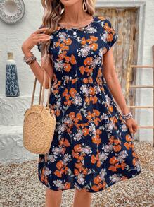 EMERY ROSE Women Crew Neck Batwing Sleeve Floral Print Casual Mini Dress - Multicolor - View 4