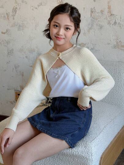 DAZY 青少年女孩短款纯色针织开衫，春秋冬