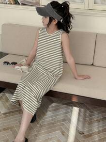 DAZY 青少年女孩休闲简约条纹无袖连衣裙，女孩夏季服装，返校服装 - 黑與白 - 查看 5