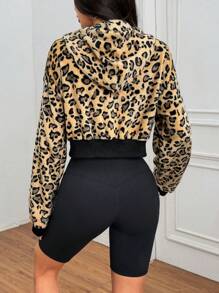 SHEIN EZwear Autumn/Winter Thermal Lined Drawstring Hoodie, Zip-Up Leopard Patchwork Cropped Casual Sweatshirt For Women