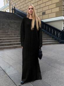 EURMUSE Women Crew Neck Ribbed Knit Fluffy Long Sleeve Sweater Dress - Black - View 5